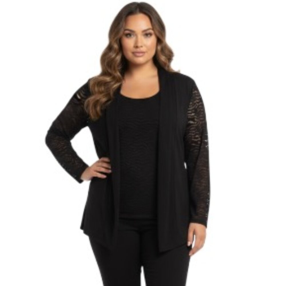 Susan Graver 1X Black Lace Mesh Detail 2 Piece Cardigan Set